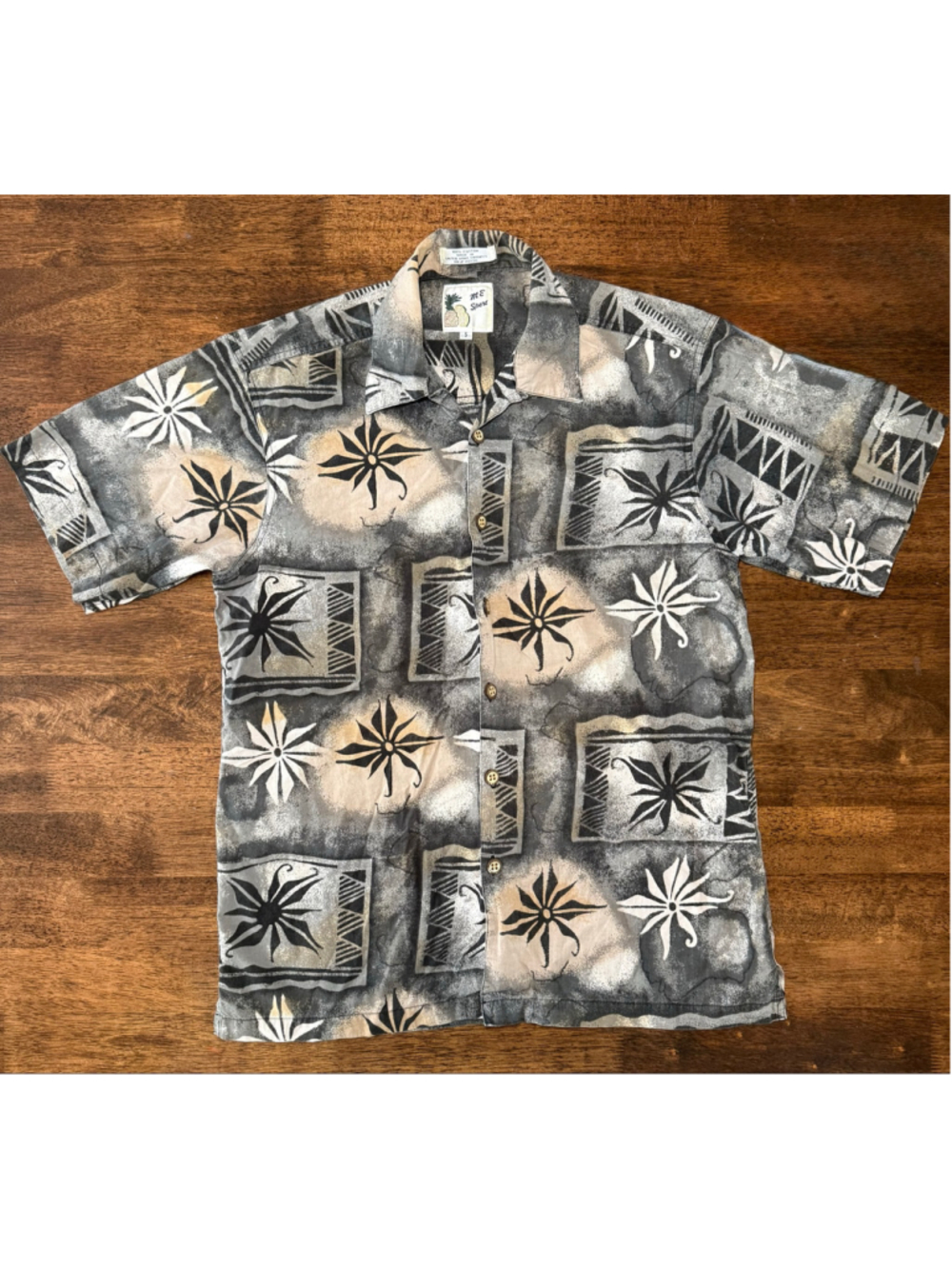 Vintage ME Sport Hawaiian Shirt Small Gray Cotton Abstract Tribal Flower Casual